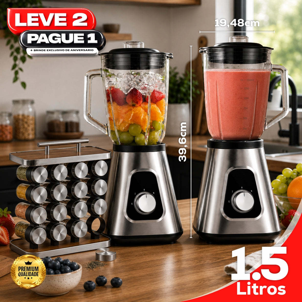 Liquidificador Multiuso Lumax Pro™ Com 2 Jarras de Vidro + BRINDE Porta Tempero Vertical 16 Potes - COMPRE 1 LEVE 2