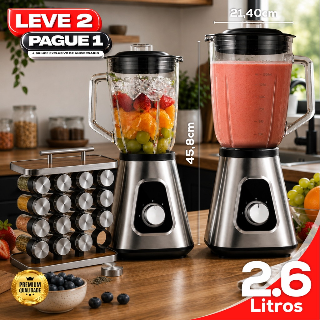 Liquidificador Multiuso Lumax Pro™ Com 2 Jarras de Vidro + BRINDE Porta Tempero Vertical 16 Potes - COMPRE 1 LEVE 2