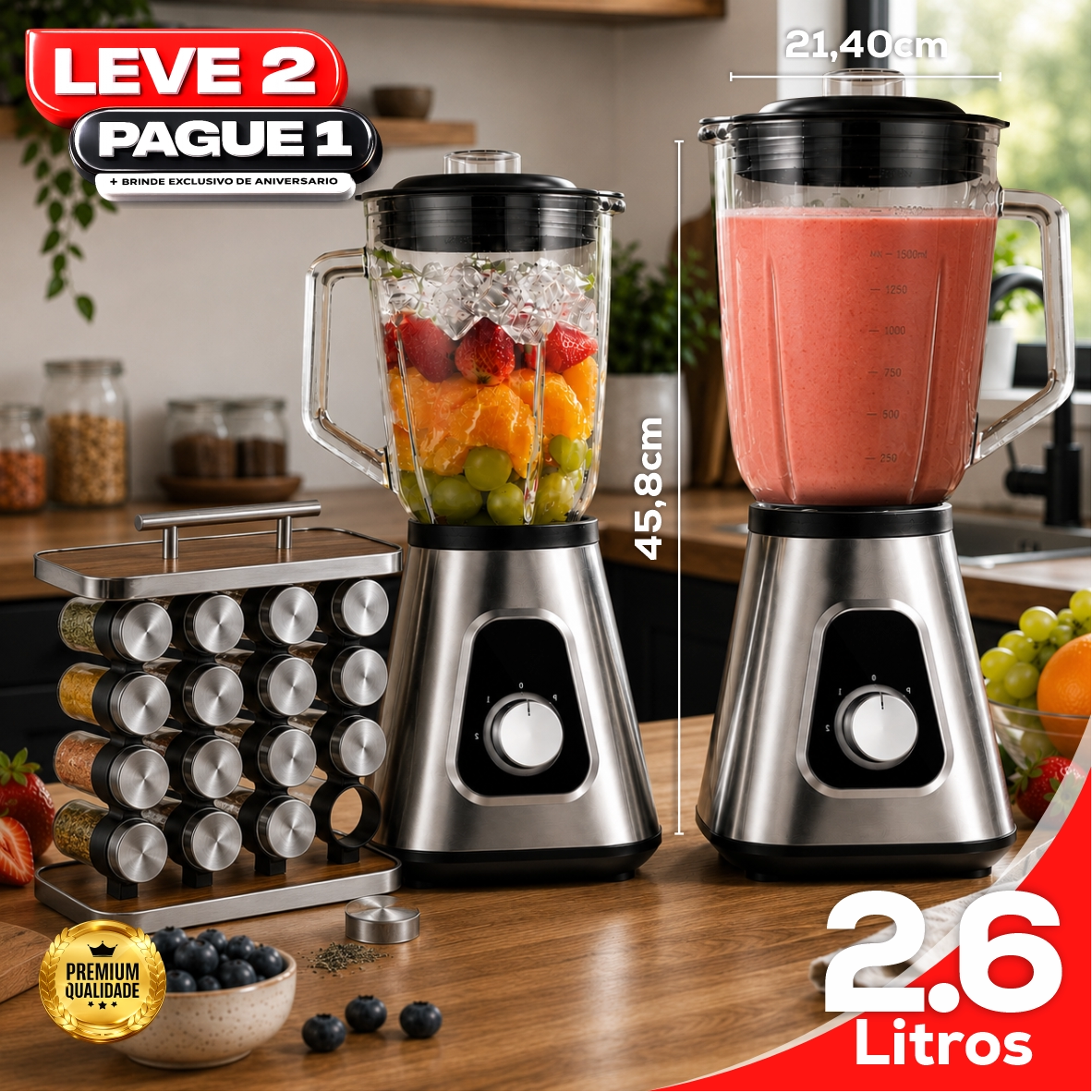 Liquidificador Multiuso Lumax Pro™ Com 2 Jarras de Vidro + BRINDE Porta Tempero Vertical 16 Potes - COMPRE 1 LEVE 2