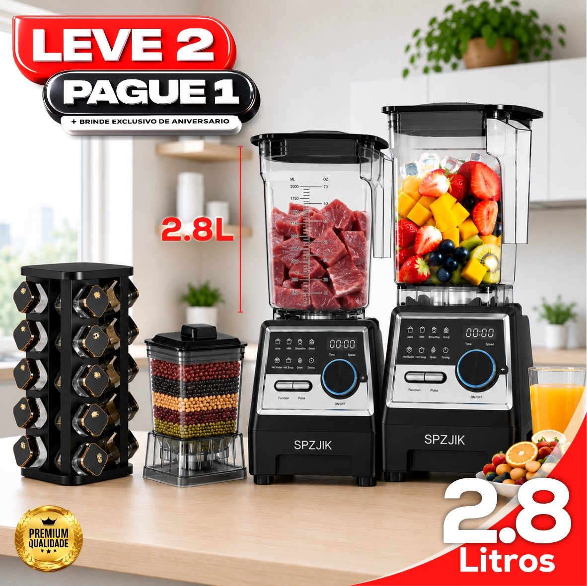Liquidificador Multiuso MegaMix Com 2 Jarras de Vidro + BRINDE: Porta Tempero Giratório 20 Potes de Vidro  - LEVE 2 PAGUE 1